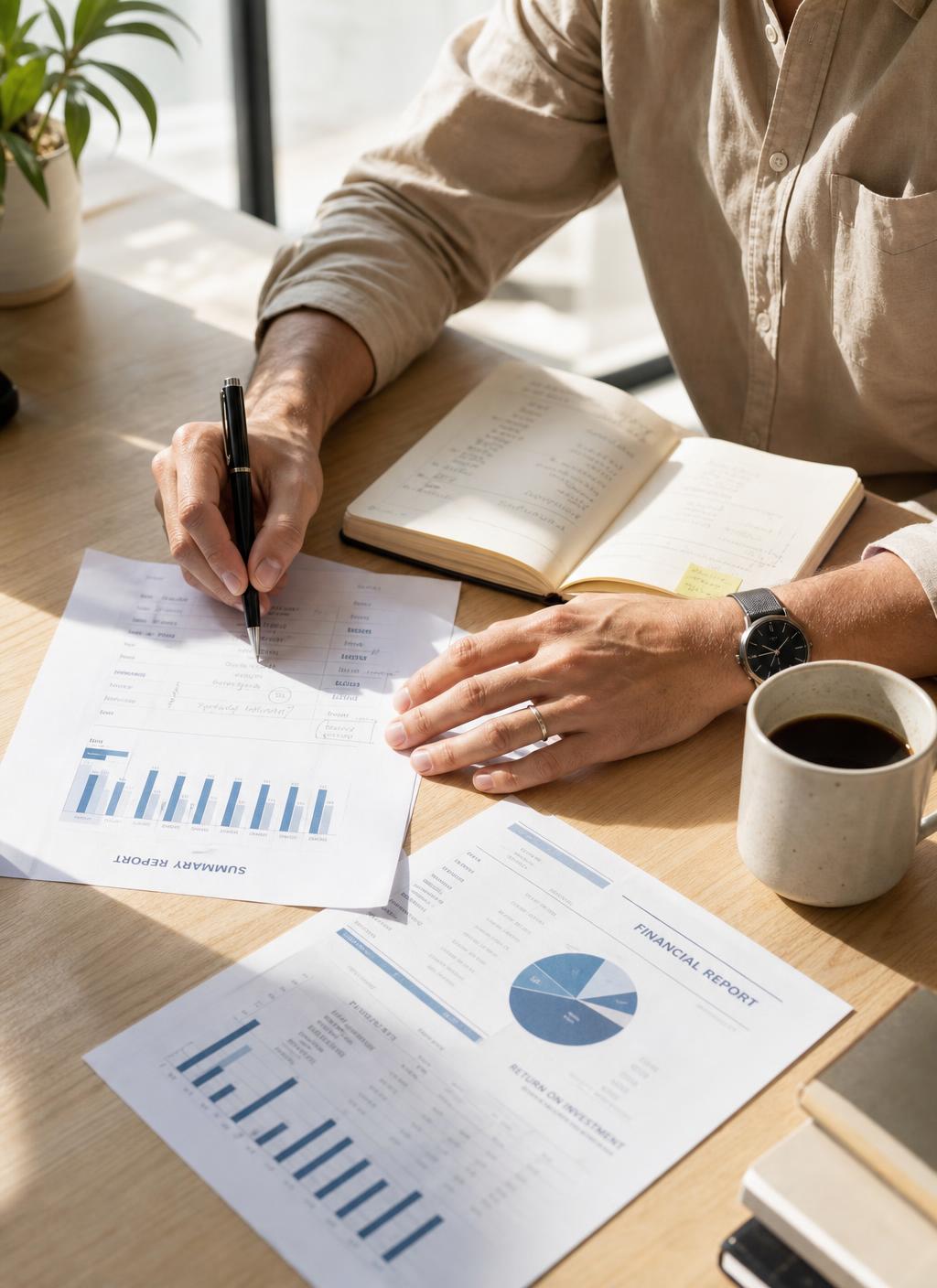 Dirigeant annotant des documents financiers imprimés